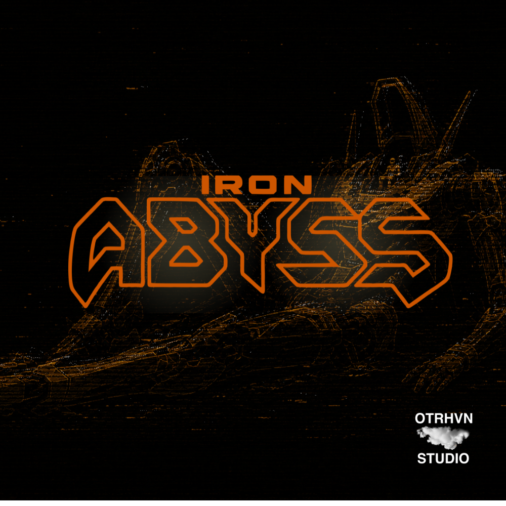 Digital cover art for 'Iron Abyss' by OTRHVN Studio, featuring stylized orange text on a dark, wireframe sci-fi background.
