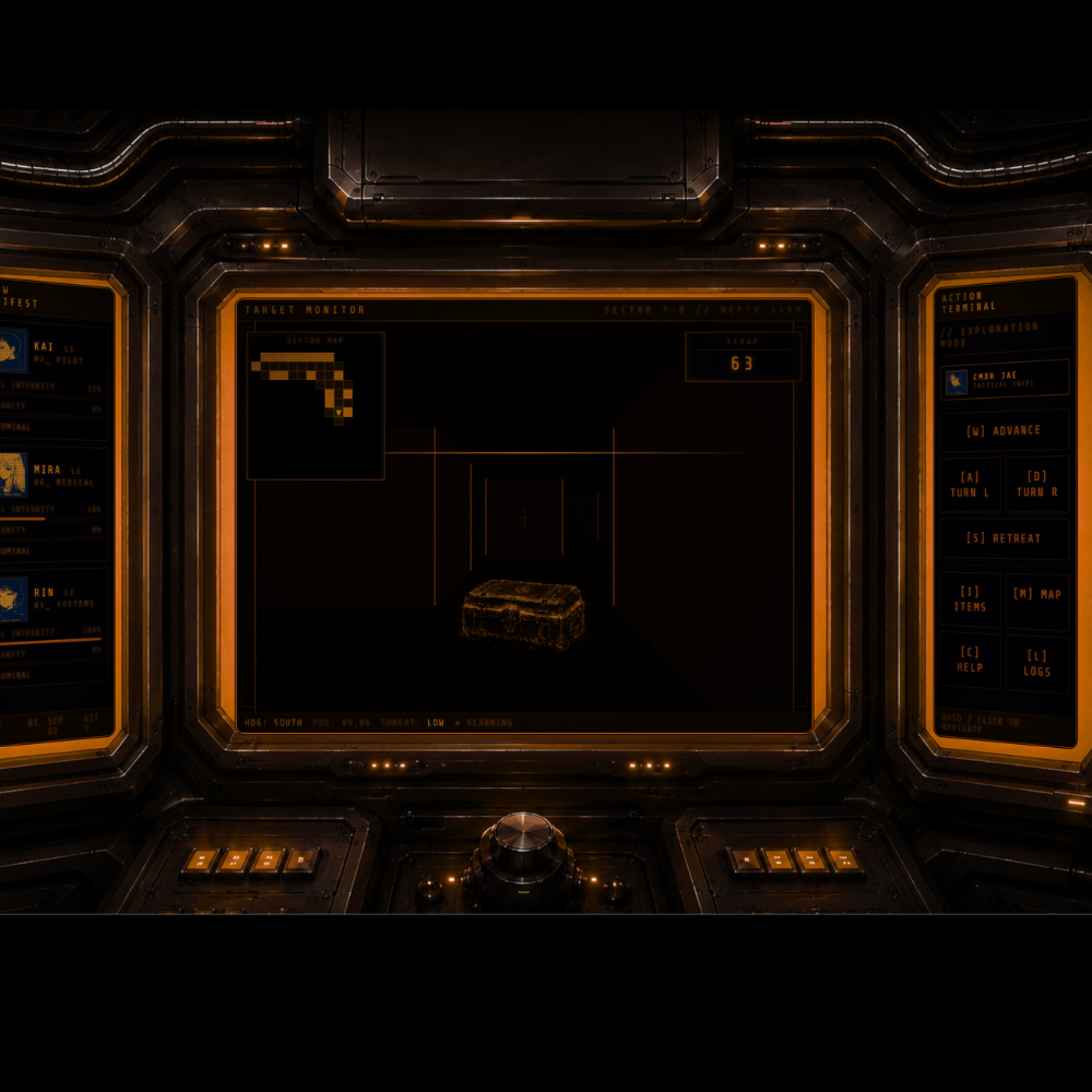 A futuristic dark cockpit interface with glowing amber-orange borders and a central display showing a small metallic chest. The scene is rendered in very dark tones with black, brown, and warm gold/orange lighting from Iron Abyss game.