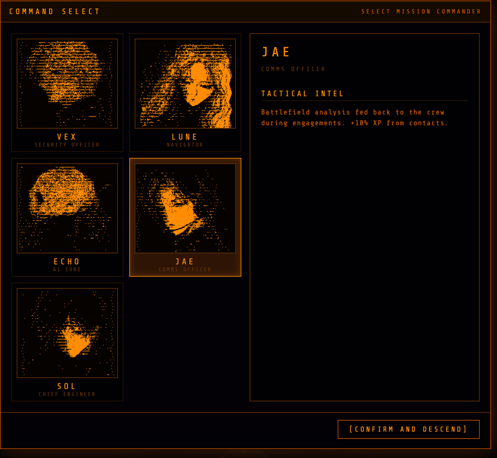 A digital interface screenshot with a black background and gold text and icons, showing a mission commander panel labeled 'Command Select' with several portrait tiles and a selected entry for 'JAE' from the IRON ABYSS game.