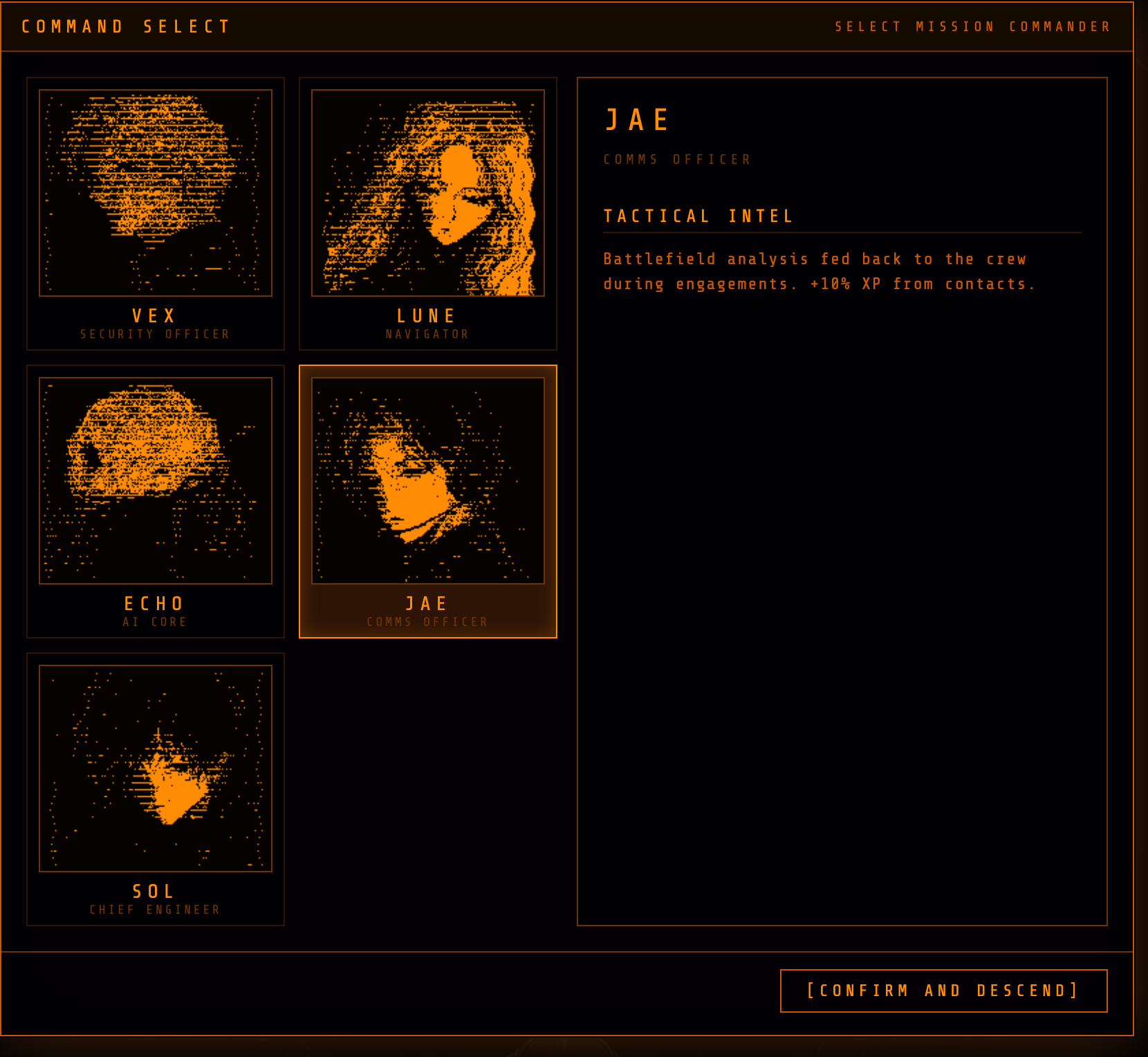 A digital interface screenshot with a black background and gold text and icons, showing a mission commander panel labeled 'Command Select' with several portrait tiles and a selected entry for 'JAE' from the IRON ABYSS game.