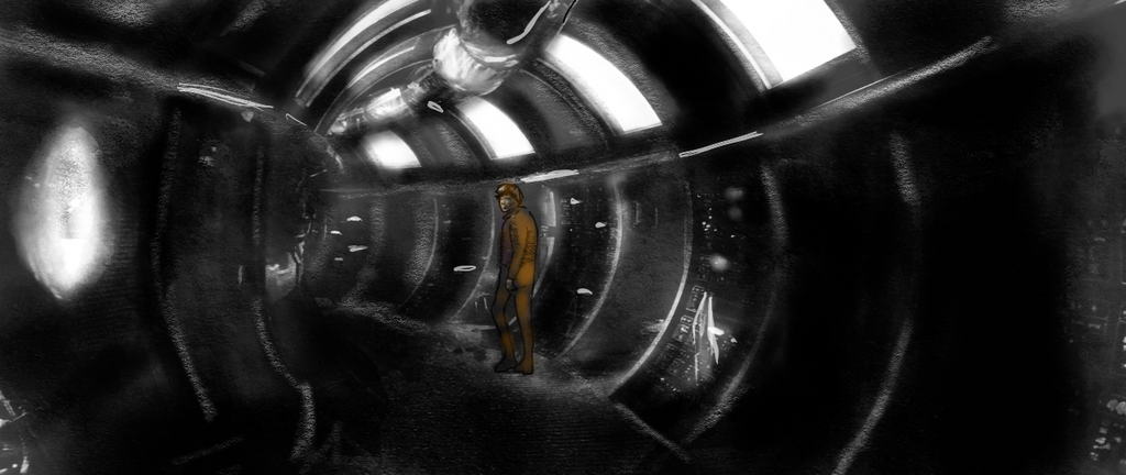A black and white art illustration of a small figure in a yellow protective suit standing inside a dark, metallic cylindrical tunnel with bright light sources at the top from an IRON ABYSS hand-drawn scene.