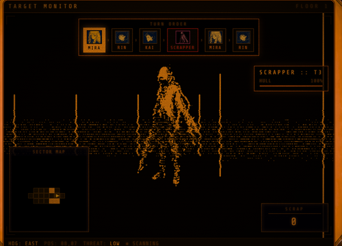 A retro-futuristic command deck interface screenshot with a black background, orange-gold text and graphics, and a central pixelated humanoid figure from the Iron Abyss dungeon crawler game